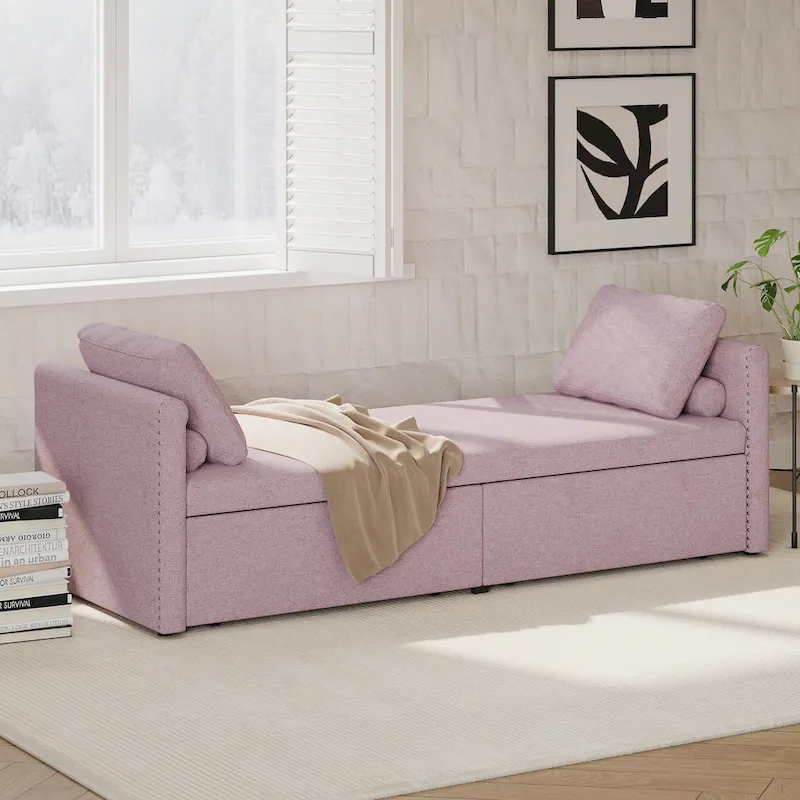 Modern Linen Upholstered Chaise Lounger Daybed with Pillows and 2 Drawers for Living Room