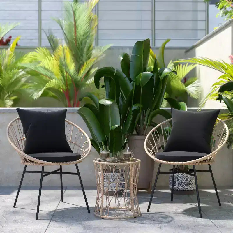 Emma and Oliver 3 Piece Boho Patio Set - Faux Rattan Rope Papasan Style Chairs with Cushions and Glass Topped Side Table