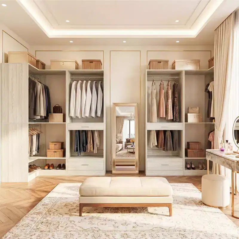 L-Shaped Corner Closet System with 3 Hanging Rods, Drawer & Trouser Rack