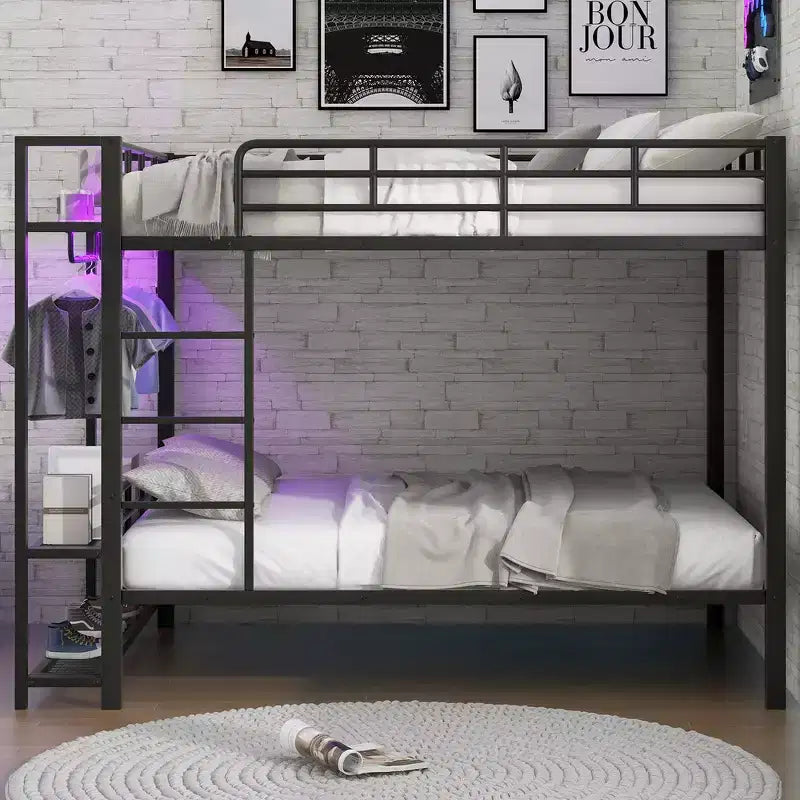 Full Size Metal Bunk Bed with LED Light Strips, Open Storage Shelves and Hooks