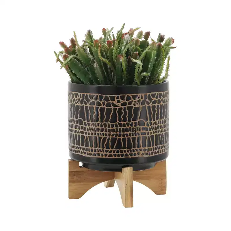 Okak Vintage Glazed Ceramic Pot Set of 2, Indoor Plant Pots with Wooden Stand, Succulent Pots for Windowsill and Tabletop Decoration, Black