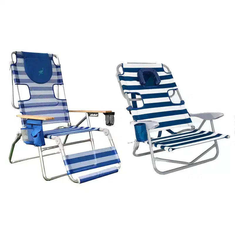Ostrich 3N1 Altitude 16'' High Outdoor Reclining Beach Lounge Chair with On-Your-Back Outdoor Lounge 5-Position Recline Beach Chair, Striped Blue