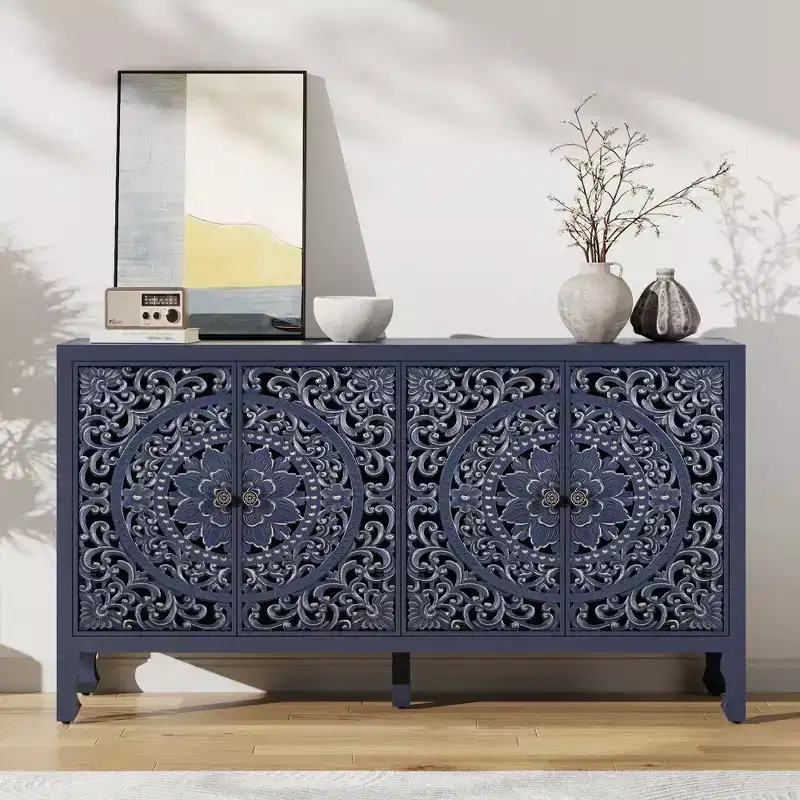 Buffet Cabinet with Storage, 4 Carved Doors and Adjustable Shelf, Wooden Sideboard Cabinet