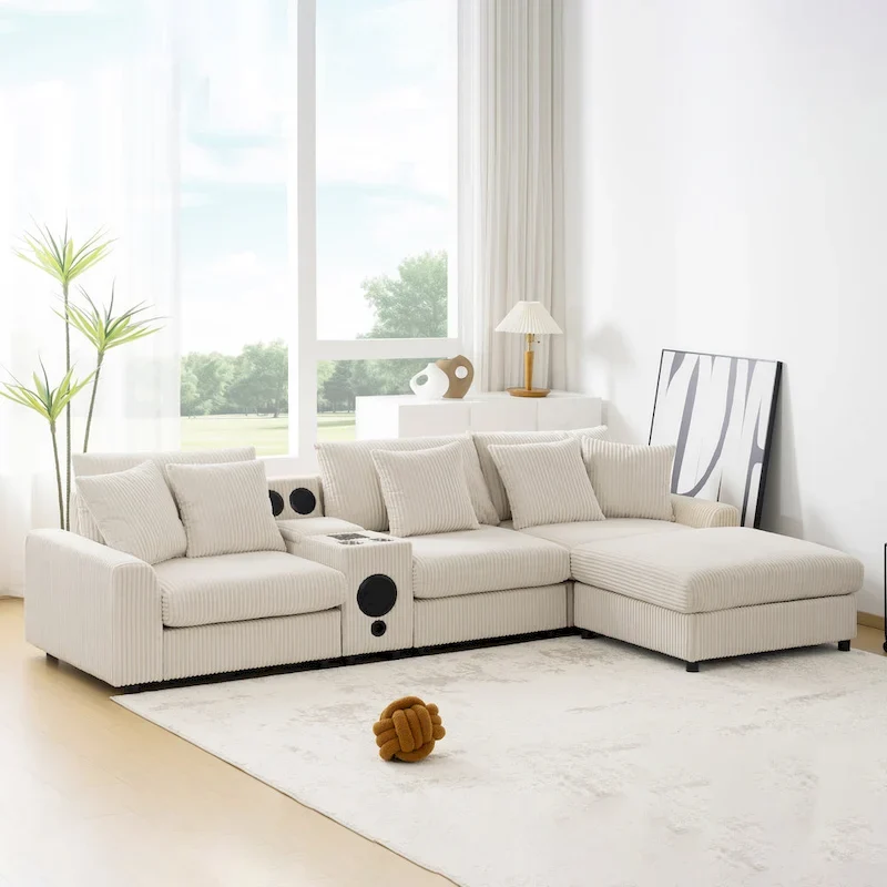 Corduroy Sectional Sofa w/ Bluetooth Speakers, L Shaped Couch