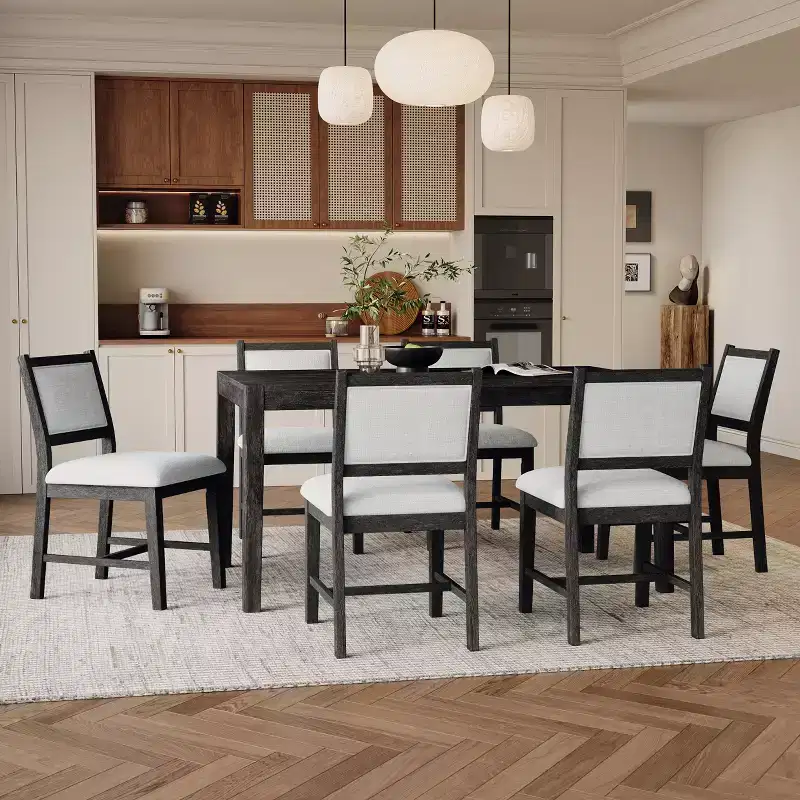 GDFStudio Giles 7 Piece Dining Set with Rectangular Wood Table and Upholstered Chairs