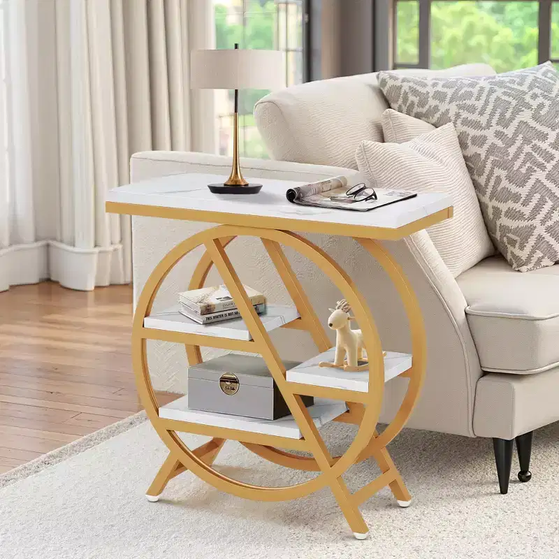 TUYOHW Industrial End Table,4-Tier Side Table with Rustic White Top & Gold Metal Frame,Staggered Shelves