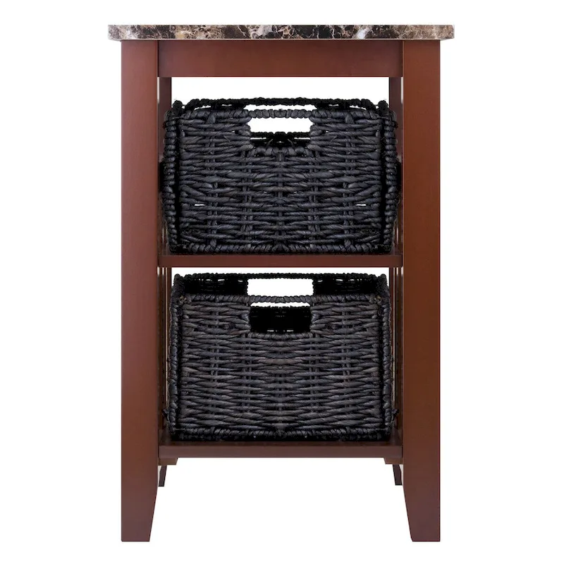 Zoey Accent Table with 2 Foldable Corn Husk Baskets, Faux Marble Top, Chocolate and Walnut - 16.54 x 20.08 x 25.04 inches