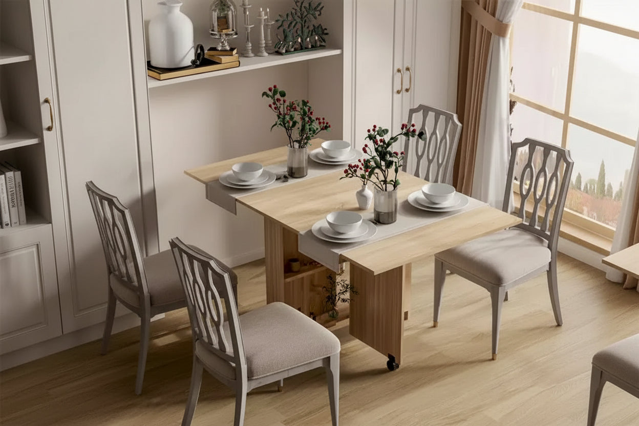 Versatile Folding Dining Table with 2 Wheels and 2 Storage Racks, Space Saving Rectangular Table for Kitchen Dining Room Living Room, Natural
