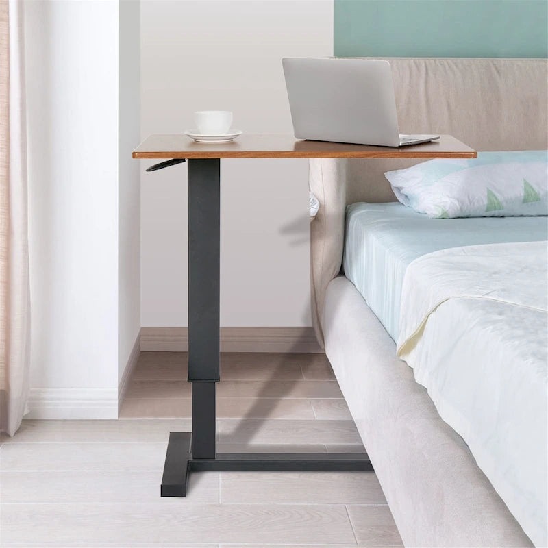 Black Oak Rolling C-Shape Adjustable Height Sofa Side Table for 1 Person