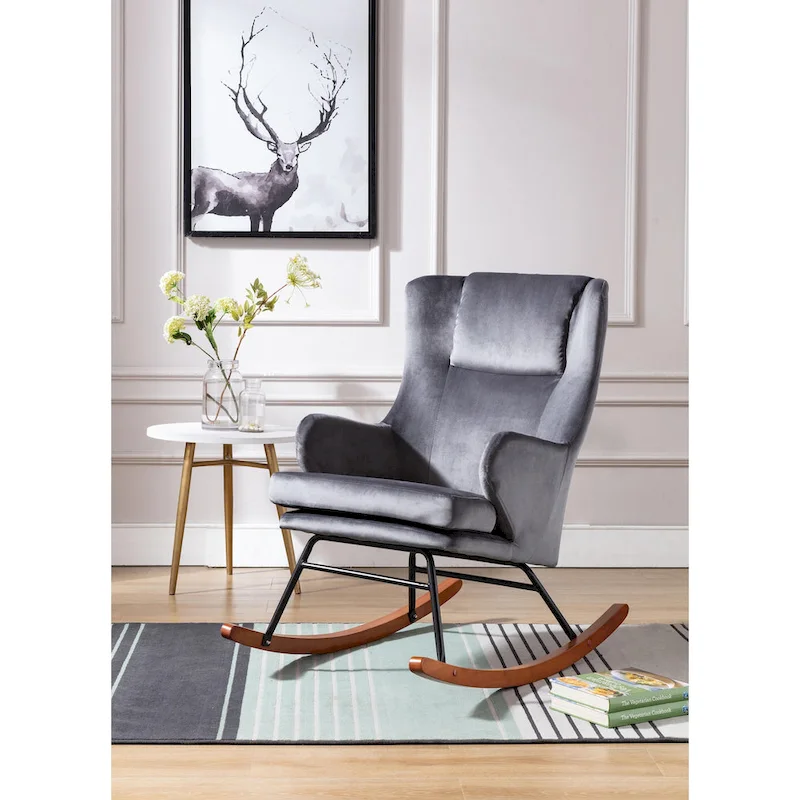 Mid-Century Modern Velvet Rocking Accent Chair with Wood and Steel Legs