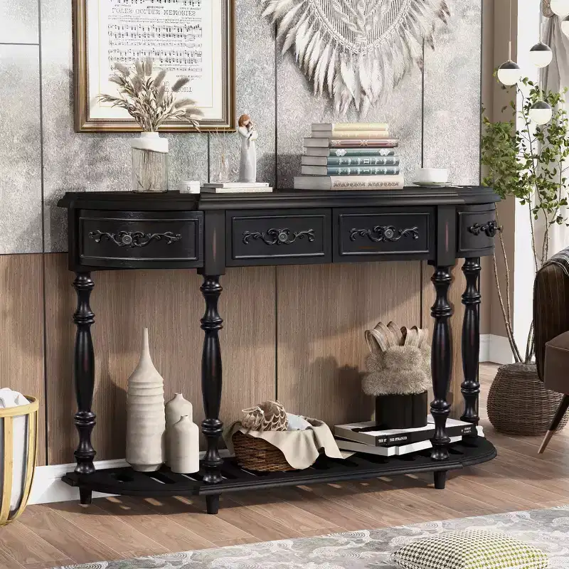 Okak 52IN Vintage Curved Console Table with Exquisite Carvings, Entryway Table with 4 Drawers and 1 Shelf, Accent Table for Living Room, Black