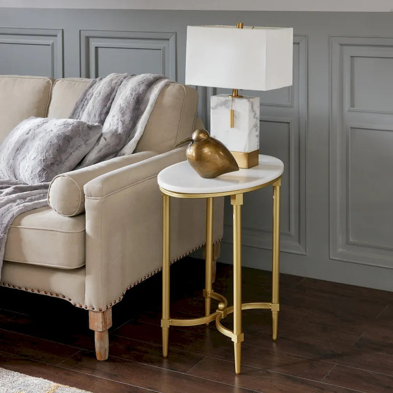 Gold-Finished Metal Oval End Table with White Marble Tabletop