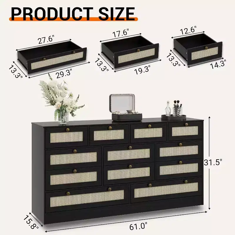 12-Drawer Wood Dresser 鈥?61 Wide Chest of Drawers & TV Stand for Bedroom, Living Room or Hallway