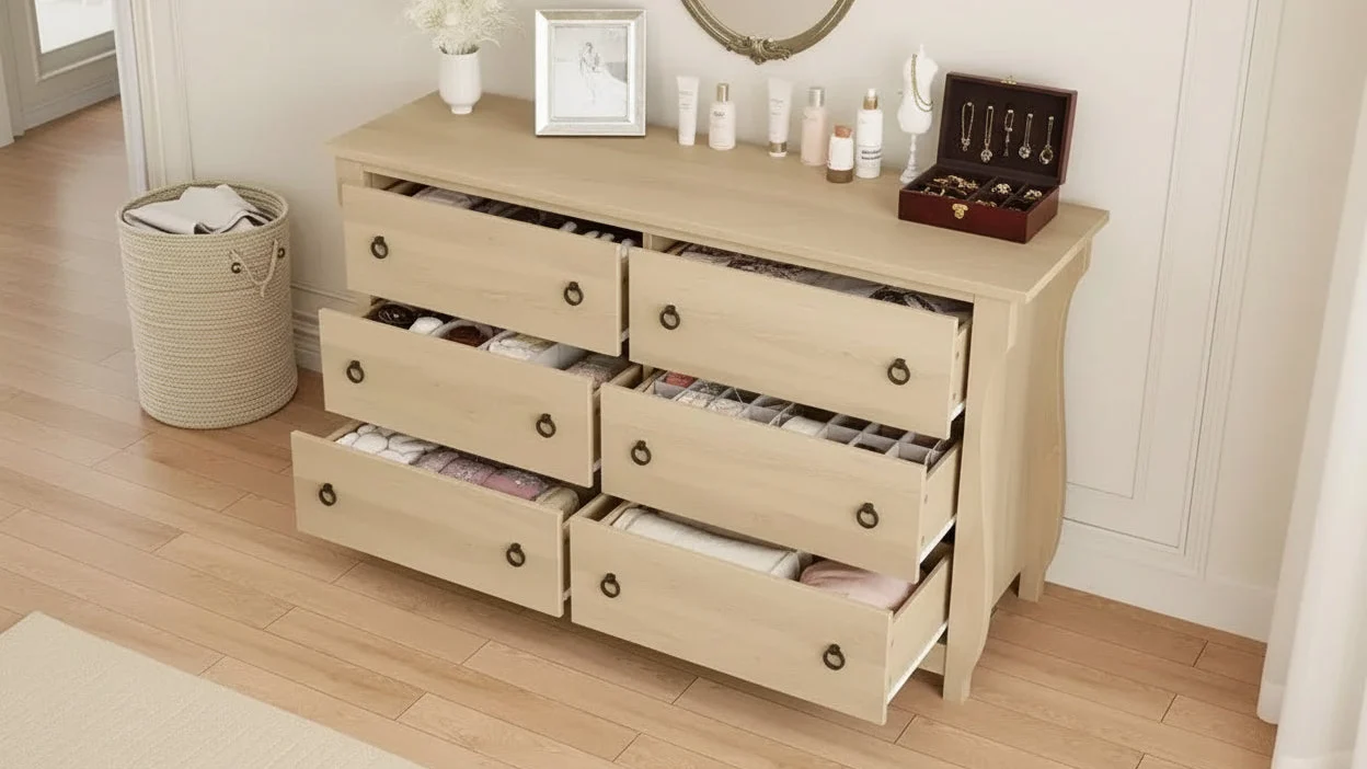 Natural 6-Drawer Boho Dresser �C 119,4 cm Wide, Curved Legs, Rattan Accents
