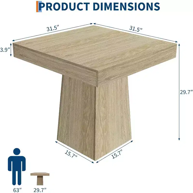 Space-Saving Square Dining Table for 4  Modern Farmhouse Style with Wooden Pedestal Base  31.5 Compact Table Ideal
