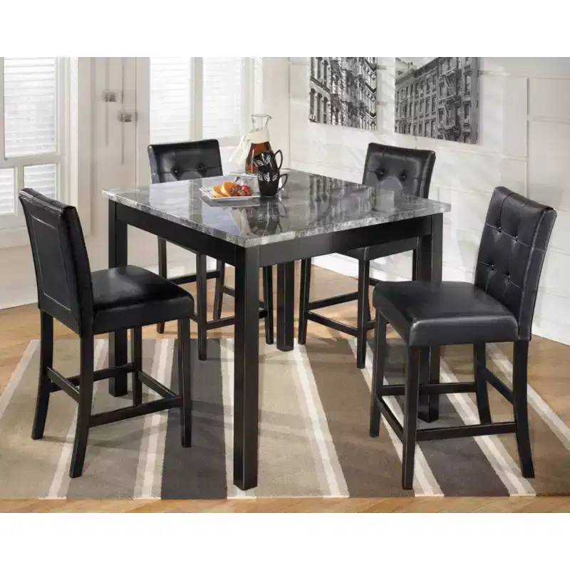 Dining Table Set Black for 4: Contemporary Square Faux Marble Top, Upholstered Vinyl Seats, Counter Height, 5-Piece Set