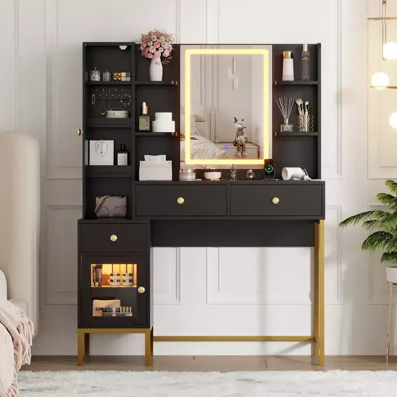 Makeup Vanity with Lights, Vanity Desk with Stool, Modern Dressing Table, 3 Drawers, Cabinet Open Shelves for Bedroom