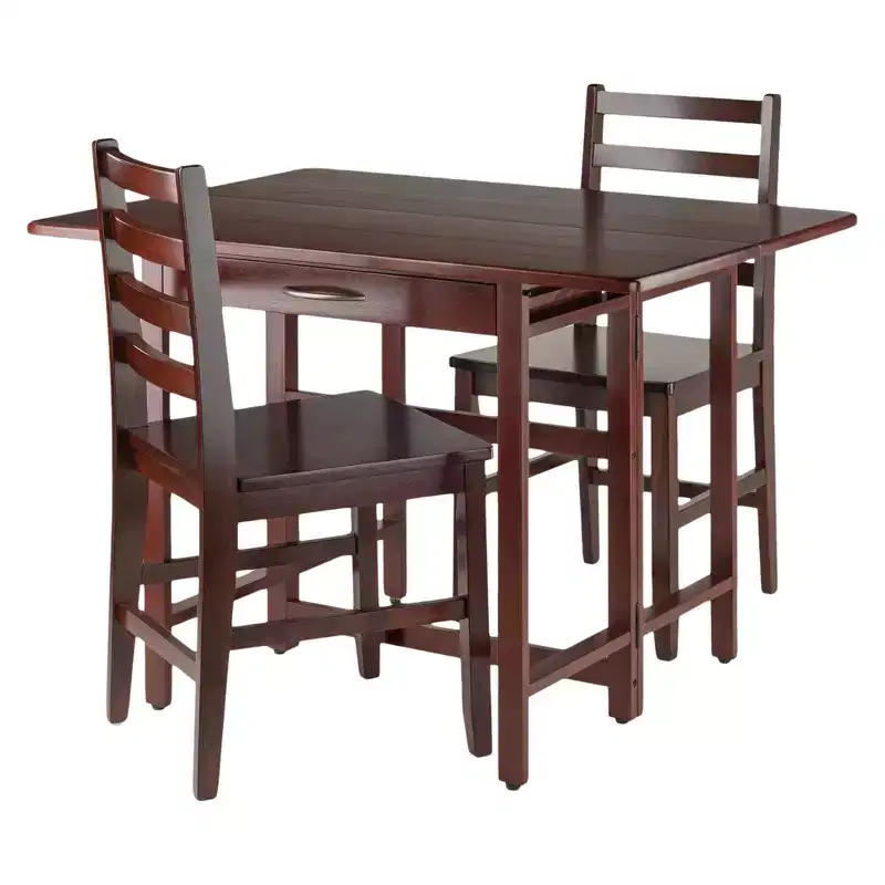 3pc Taylor Drop Leaf Dining Set with Ladder Back Chairs Walnut - Winsome: Solid Wood, Extendable, Drawer Storage