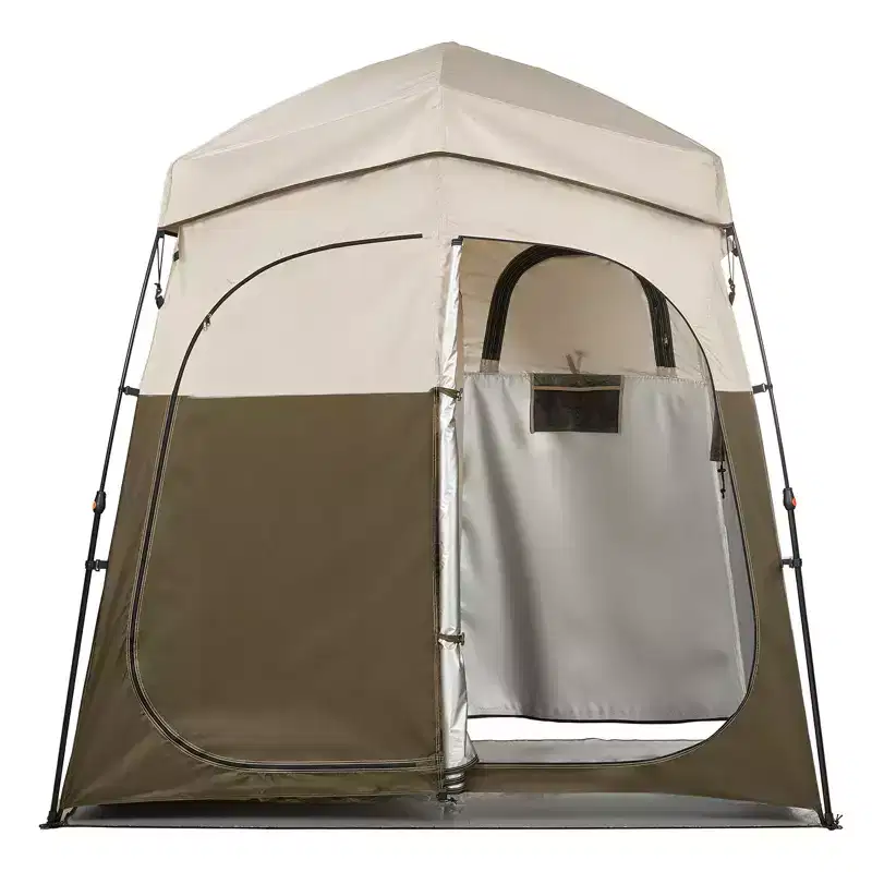 VEVOR Camping Shower Tent, 2-Room Foldable Portable Privacy Tent Changing Room with Ground Stakes, Ropes, and Carry Bag, 150D Oxford Fabric, Brown