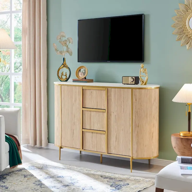 54 Modern Fluted Buffet Cabinet with Faux Marble Top