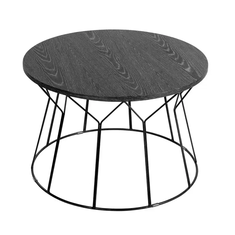 Round Coffee Table �C Noir Black, Geometric Metal Base, MDF Top