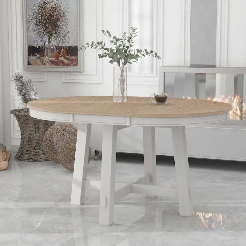 Farmhouse Round Extendable Dining Table with 16 Leaf Wood Kitchen Table