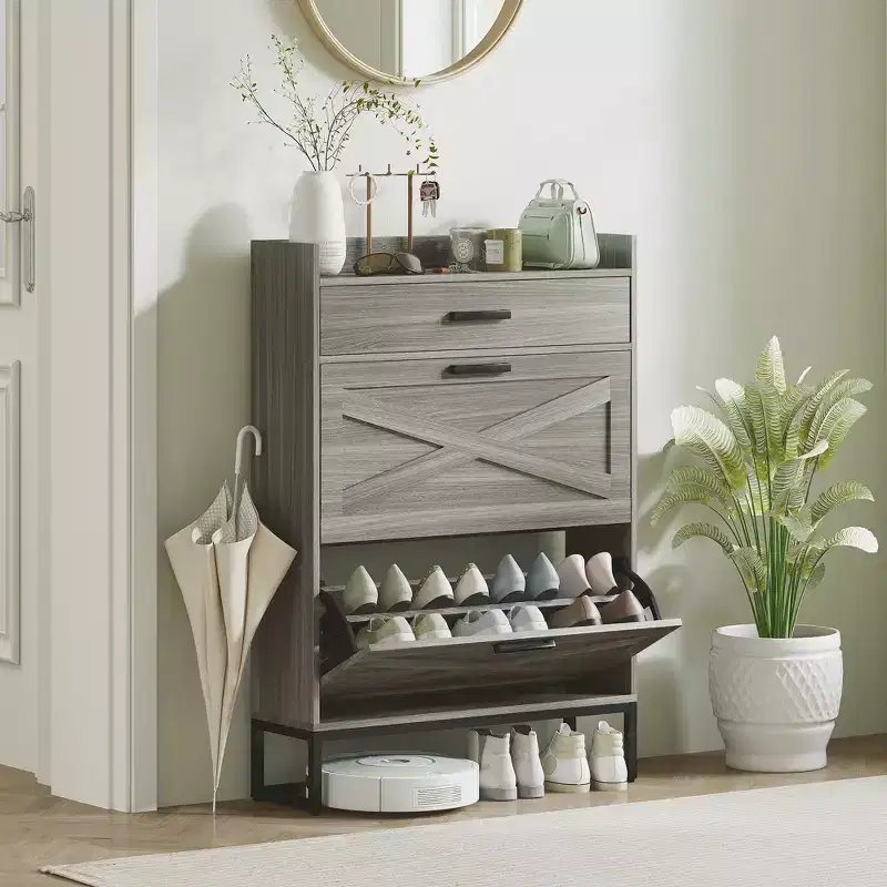 Slim Shoe Storage Cabinet, Shoes Cabinet Organizer with 2 Flip Drawers, Adjustable Shelves for 12 Pair
