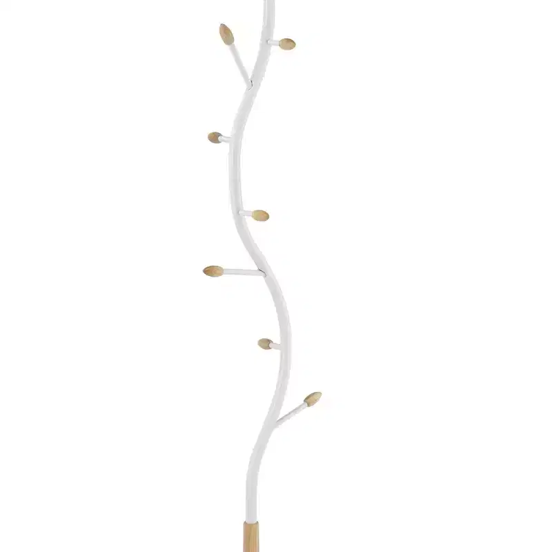 NAYSAYE Coat Hanger Metal and Oak Freestanding Standing Coat Rack with 9 Hooks for Entryway Bedroom or Living Room, White, 11*11*74.8