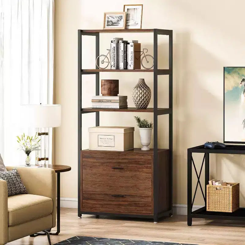 4-Tier Bookshelf with 2 Drawers �C Metal Frame, Particle Board, 60"H
