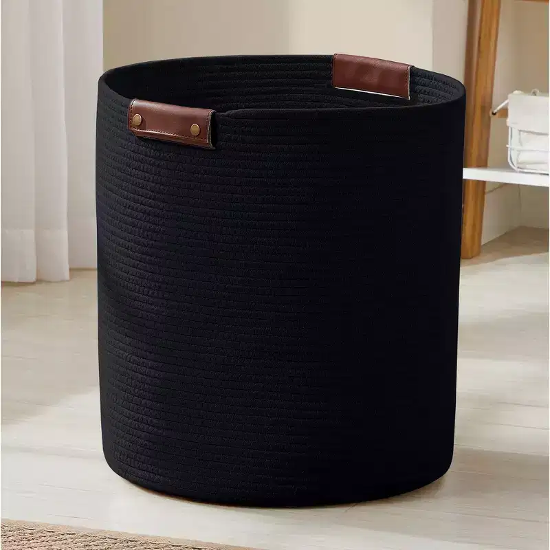 Ornavo Home Large Cotton Rope Laundry Hamper Woven Basket with Faux Leather Handles