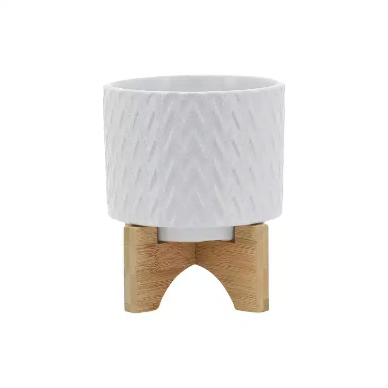 Okak 5IN Modern Plant Pots with Chevron Caving, Flower Pots with Cross Wooden Stand, Ceramic Pot for Indoor or Outdoor Tabletop, White