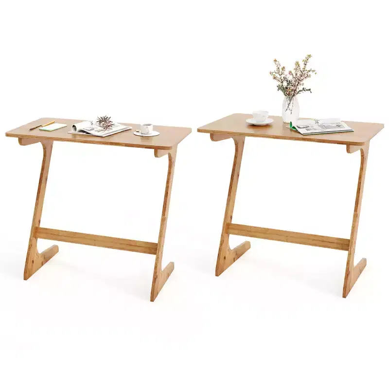 Costway 2 PCS Bamboo Sofa Side Table Z-Shaped Spacious Tabletop Space-Saving TV Snack Tray Natural/Brown