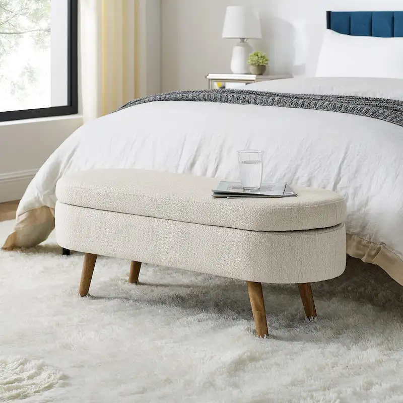 Ottoman Oval Storage Bench,Rubber Wood Legs, Beige