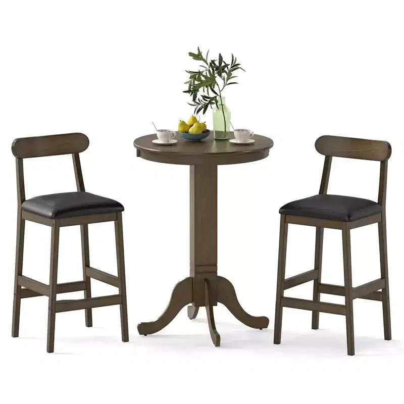 Costway 3 PCS Wood Bar Table Set with Pedestal Base, 2 Armless Stools, Padded Seat, Backrest