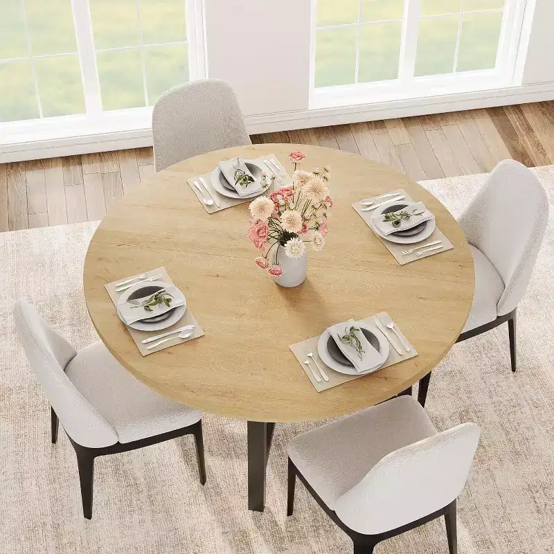 Round Dining Table, Beige/Black/Brown/Gray, 4-Seat, Metal Frame & MDF Top