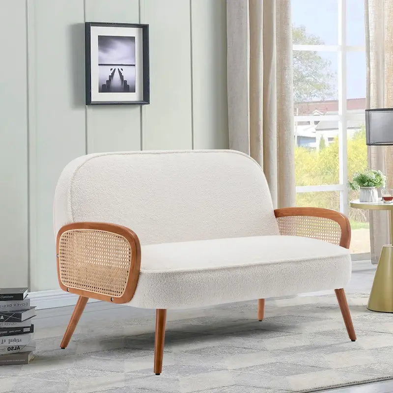 41 W Small Loveseat with Natural Rattan Arms,Upholstered Modern Mini Sofa Couch Love Seat Settee Bench with Back