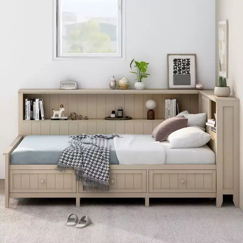Wooden Storage DayBed, Platfrom BedFrame with Shelves and 3 Drawer & Sliding Doors, L Shape Corner Bed w/Storages, Antique White