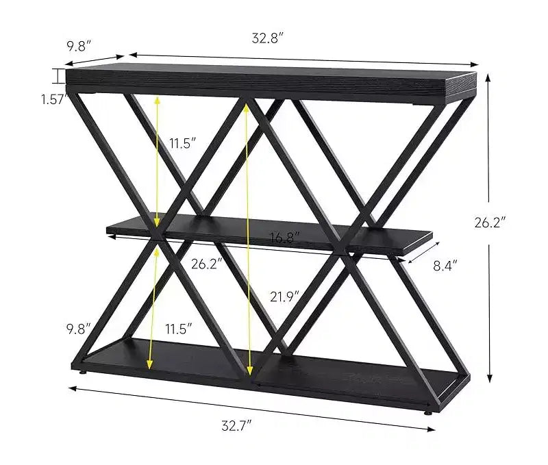 3-Tier Industrial Console Table with x-Shaped Metal Frame, Open Shelf Console Sofa Table for Living Room with Adjustable Feet