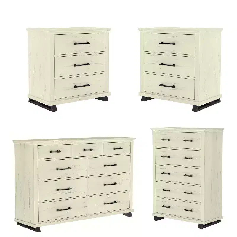 Festivo 4pc Contemporary Bedroom Chest Dresser and Nightstand Set Saw Cut Off-White: Includes Storage & Horizontal Dresser