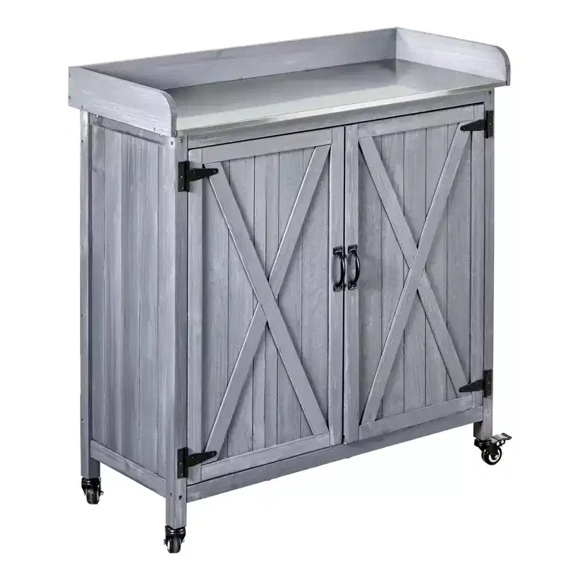 VEVOR Potting Bench Table, Outdoor Gardening Wooden Storage Cabinet with 36 x 16 in Galvanized Iron Tabletop, Large Storage Space, 4 Casters, Gray