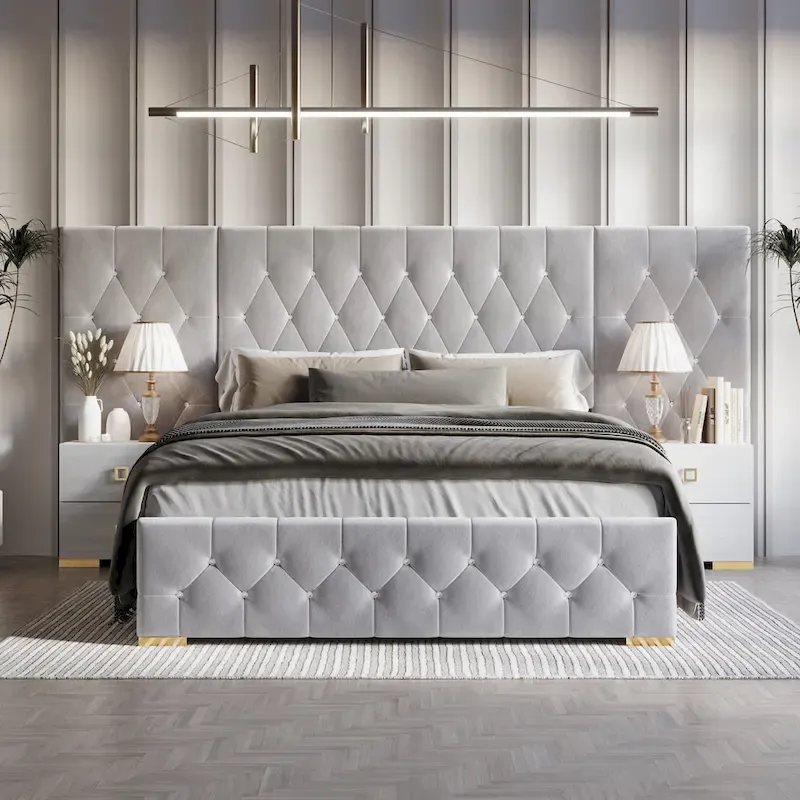 CraftPorch 3 Piece Bedroom Nightstands Set Luxurious Velvet Tufted Platform Bed