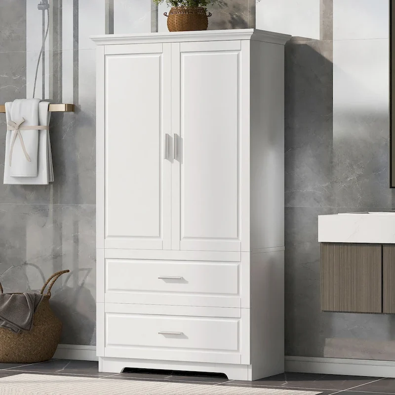 63 Tall Bathroom Storage Cabinet with 2 Doors and Adjustable Shelf, White