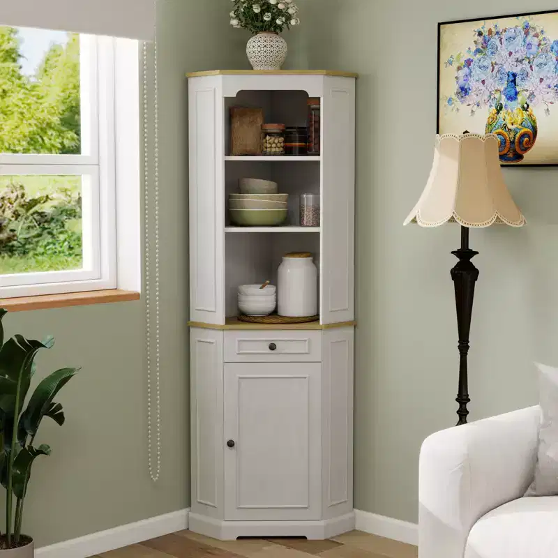 Wood 68" Tall Corner Storage Cabinet with Door and Drawer