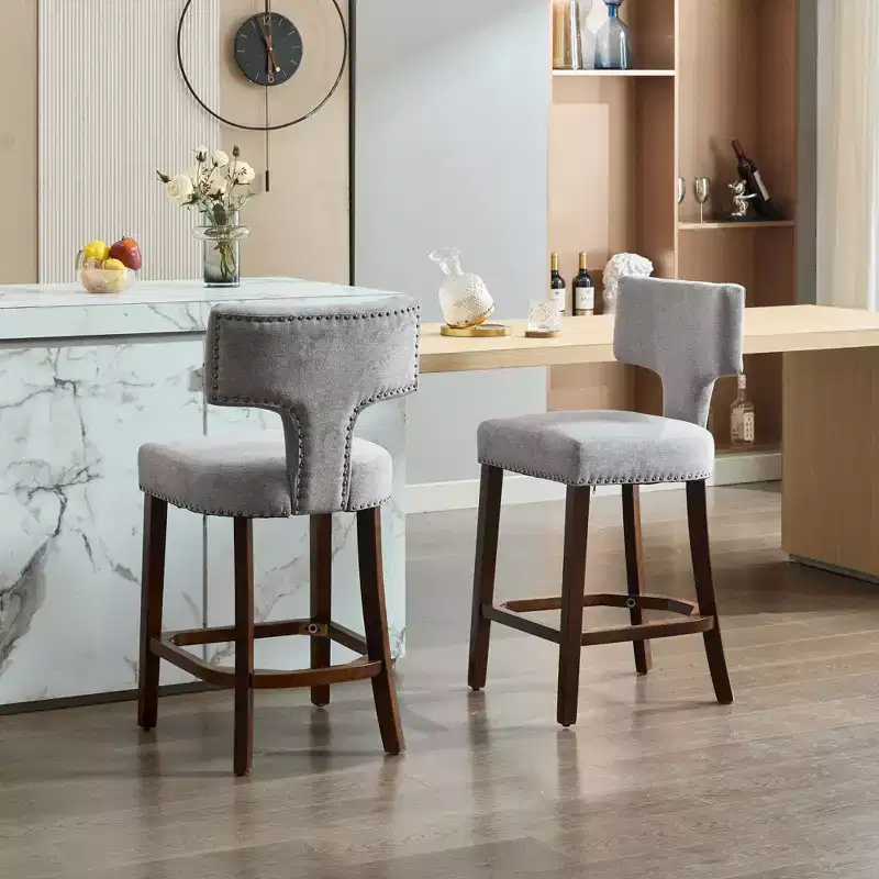 Set of 2 Mid-Century Counter Stools with Curved Back and Upholstered Seat