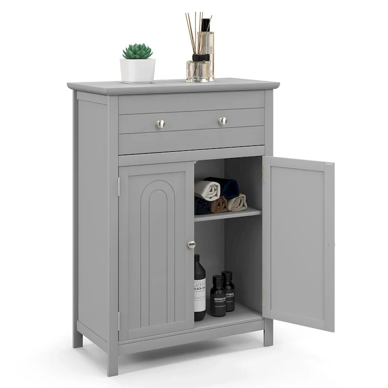 Gymax Bathroom Floor Cabinet Wooden Storage Organizer with Drawer &
