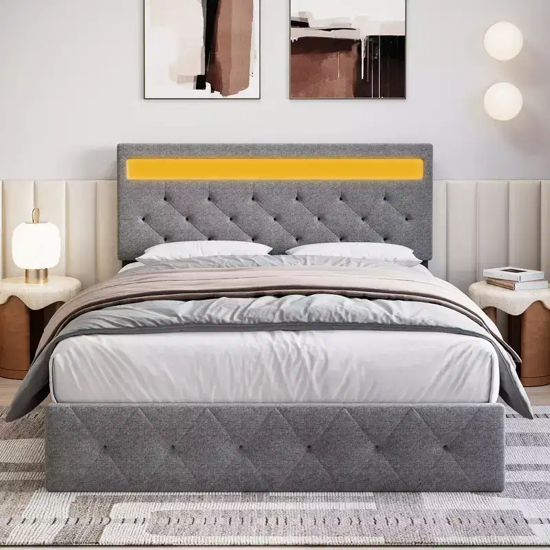 Bed Frame, Adjustable Headboard, Wood Slat Support Bed Frame, Strong Support Slats, No Box Spring Needed, Easy Assembly