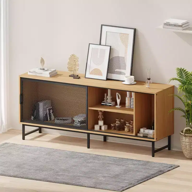 63 Modern Industrial TV Stand for 70-Inch TVs - Entertainment Center with Metal Sliding Doors for Living Room & Bedroom