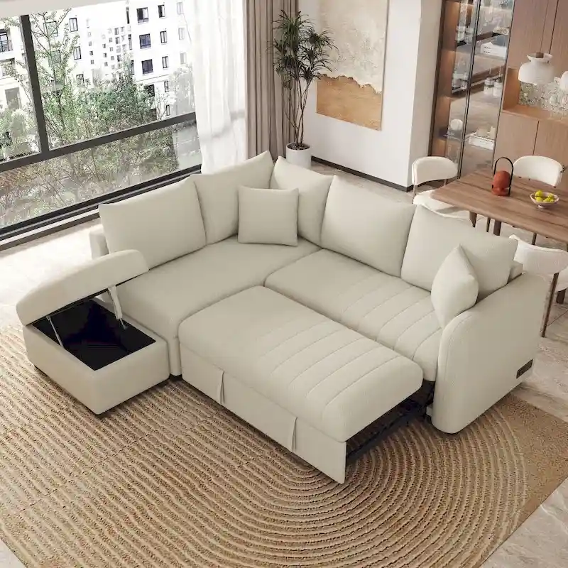 82.6 L-Shaped Sectional Pull Out Sofa Bed Sleeper Sofa with Two USB Ports, Two Power Sockets and A Movable Storage Ottoman