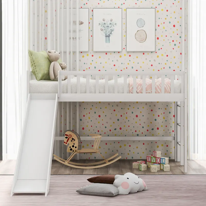 White Twin Size Wood Low Loft Bed with Removable Slide and Ladder for Kids