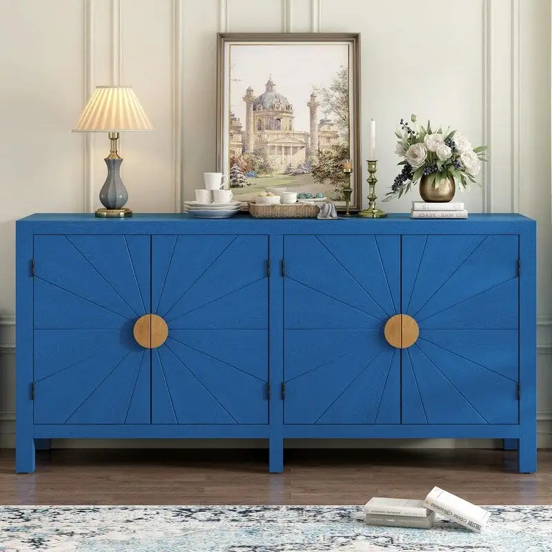 4-Door Sunburst Radiating Line Sideboard Storage Cabinet Navy Blue Black
